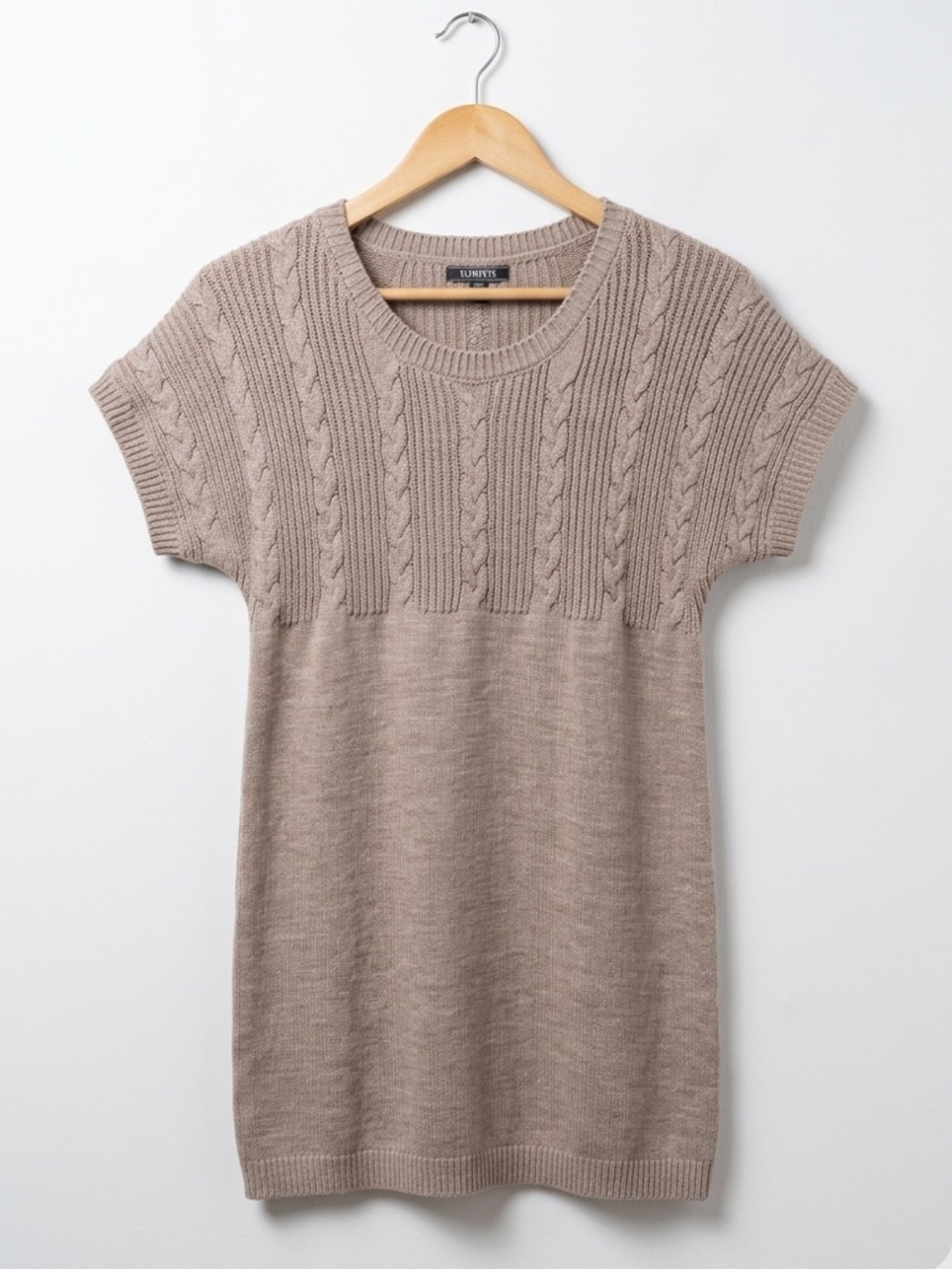Elementz Taupe Cable Knit Short Sleeve Crewneck Sweater Cap Sleeve Mini Dress